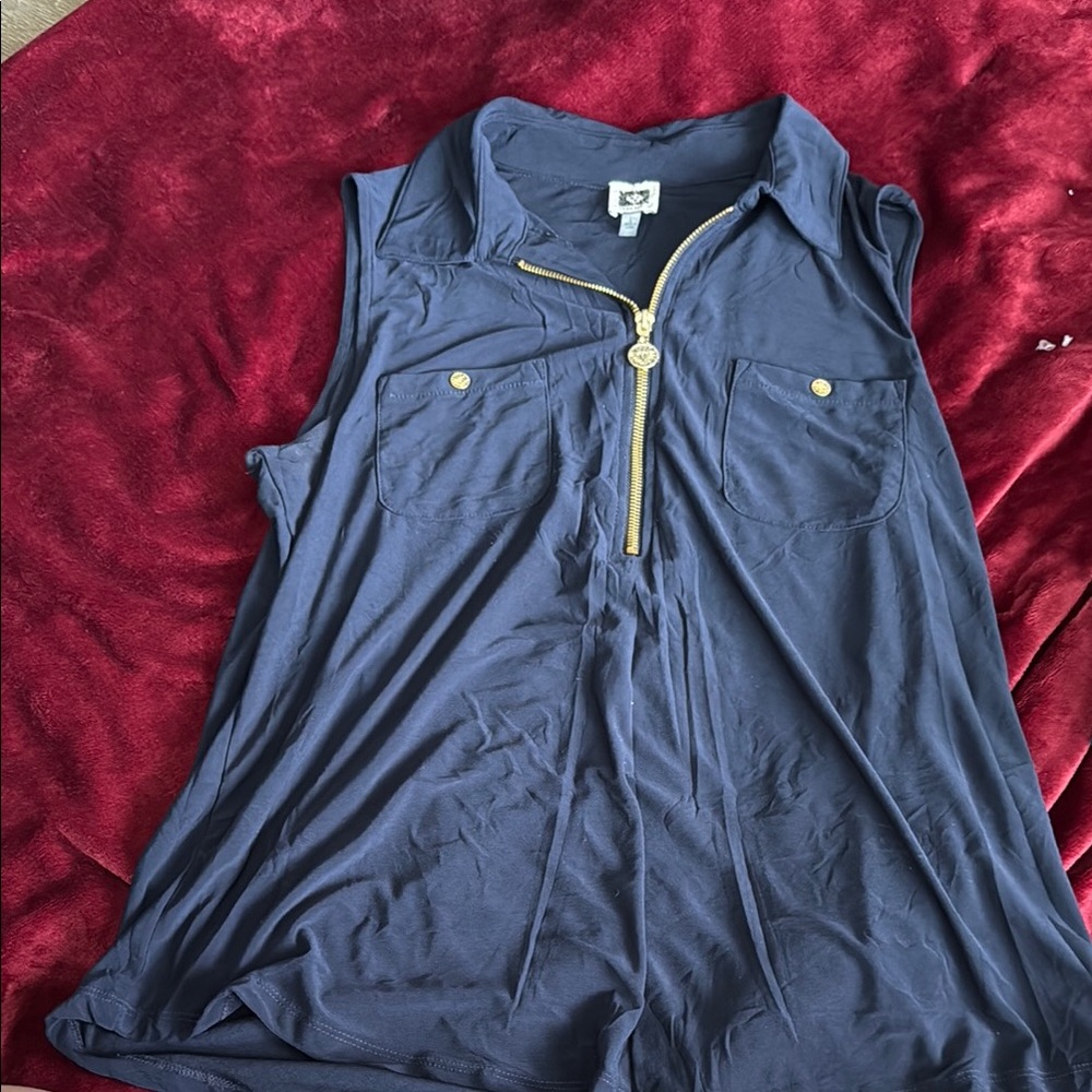 Anne Klein Navy Blue Tank Top with Gold Accents